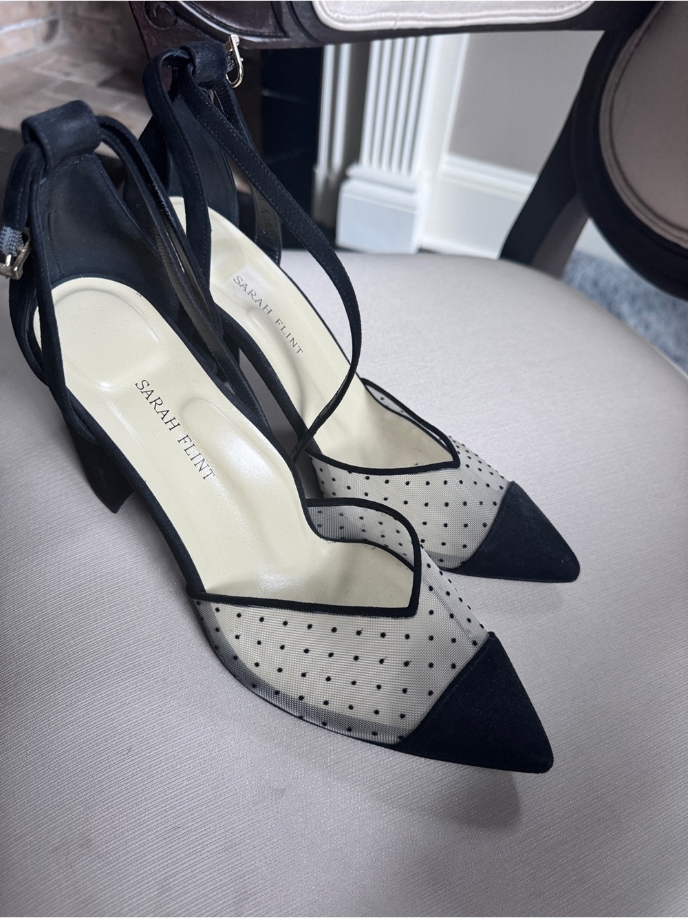 Sarah Flint Black and Cream Polka-Dot Pointed Slingback Heels